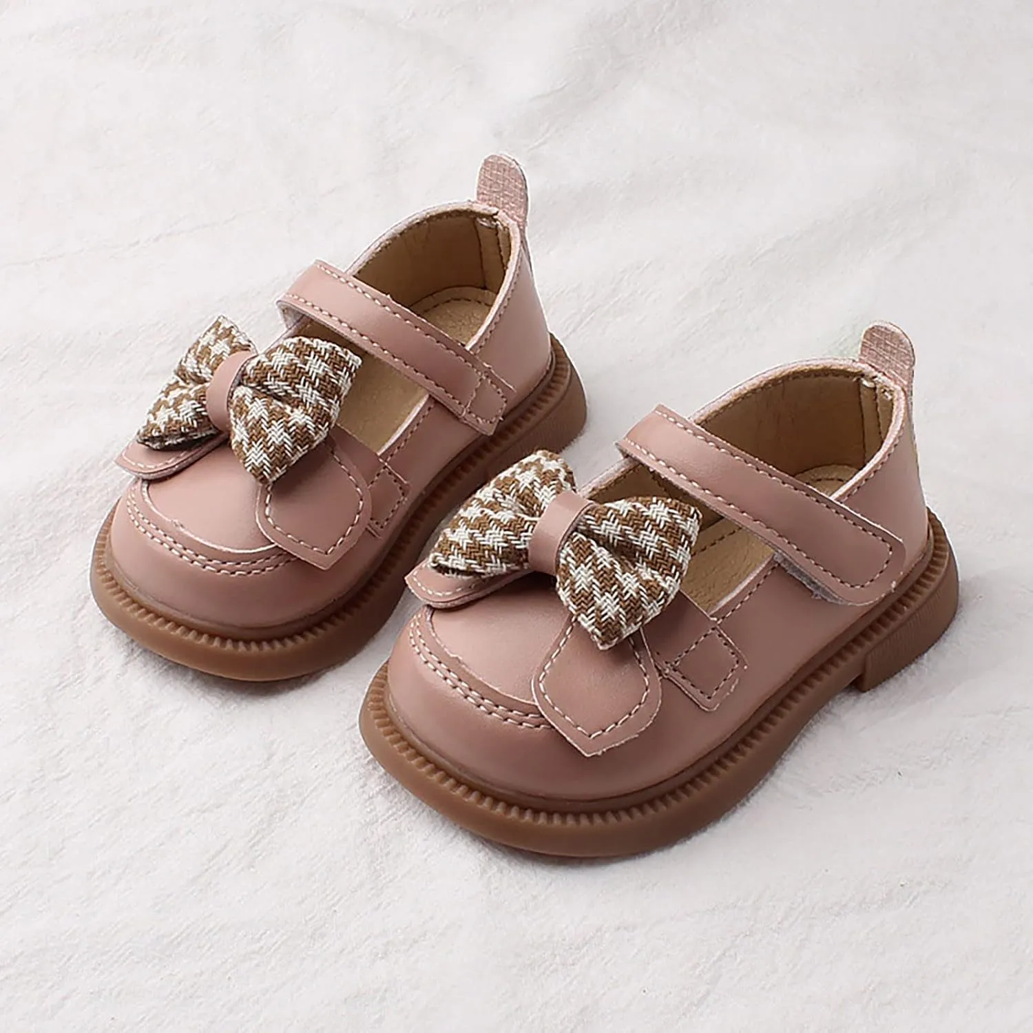 Baby Mary Jane Chunky Flat𝐬 Infant Platform Slip On Heel Leather Flat𝐬 Round Toe School Uniform Dress Shoes with Bow