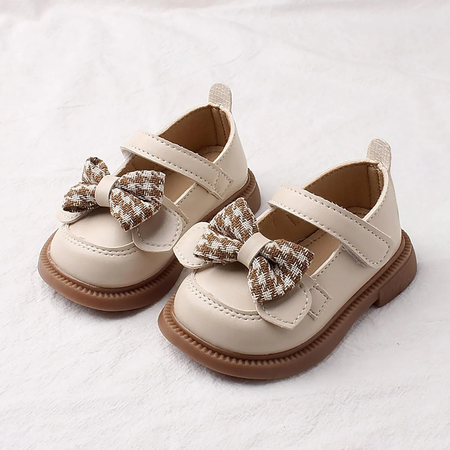 Baby Mary Jane Chunky Flat𝐬 Infant Platform Slip On Heel Leather Flat𝐬 Round Toe School Uniform Dress Shoes with Bow
