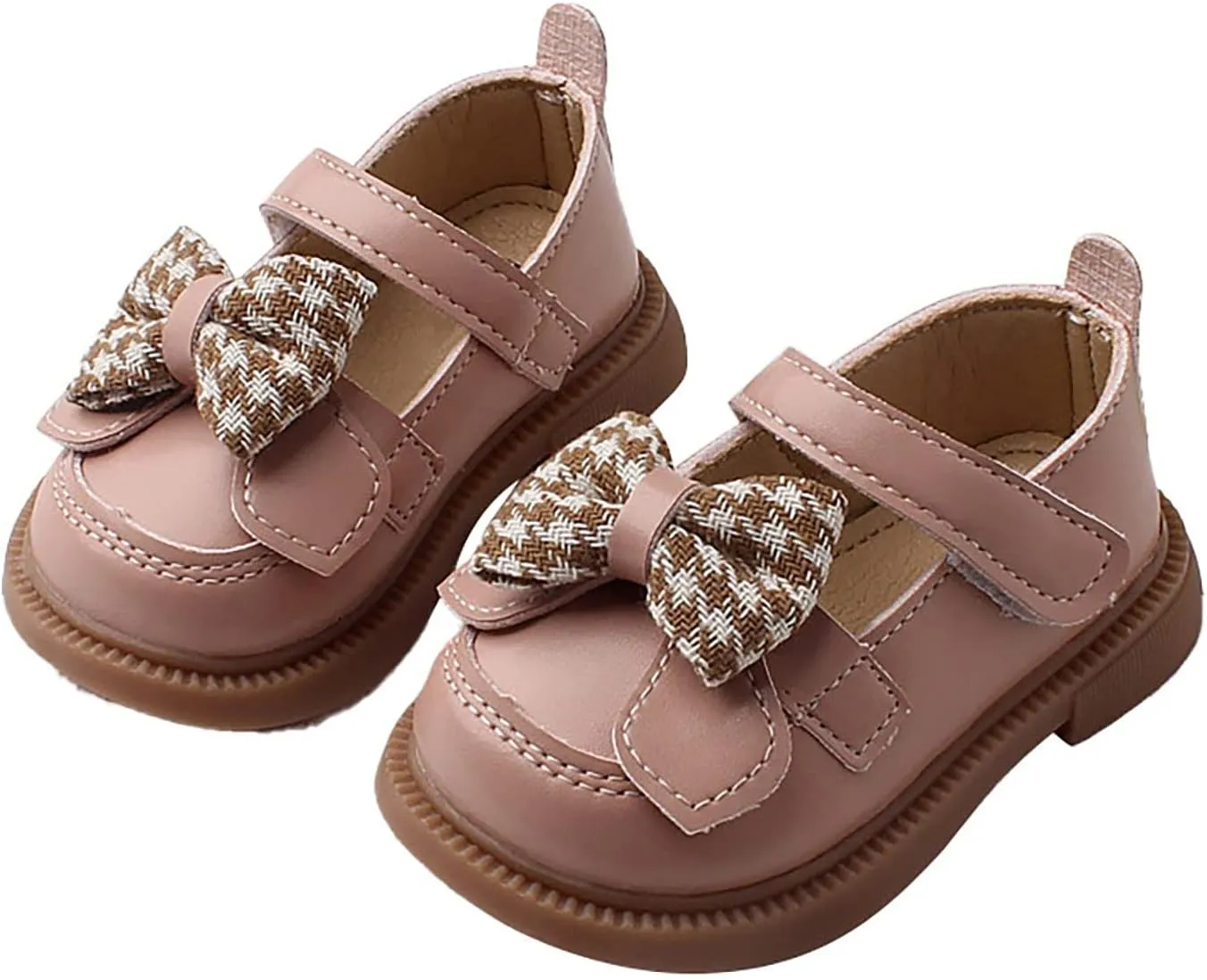 Baby Mary Jane Chunky Flat𝐬 Infant Platform Slip On Heel Leather Flat𝐬 Round Toe School Uniform Dress Shoes with Bow