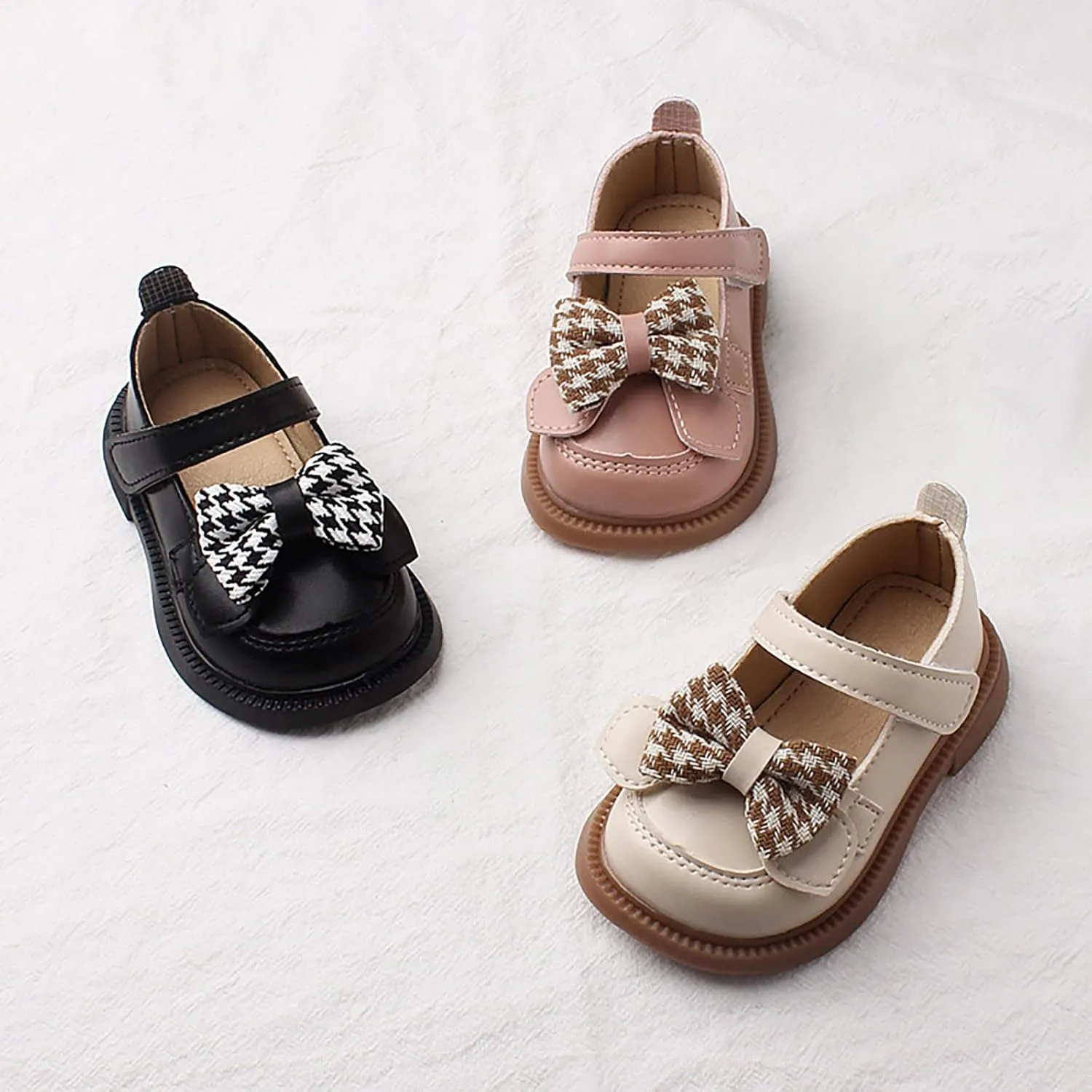 Baby Mary Jane Chunky Flat𝐬 Infant Platform Slip On Heel Leather Flat𝐬 Round Toe School Uniform Dress Shoes with Bow
