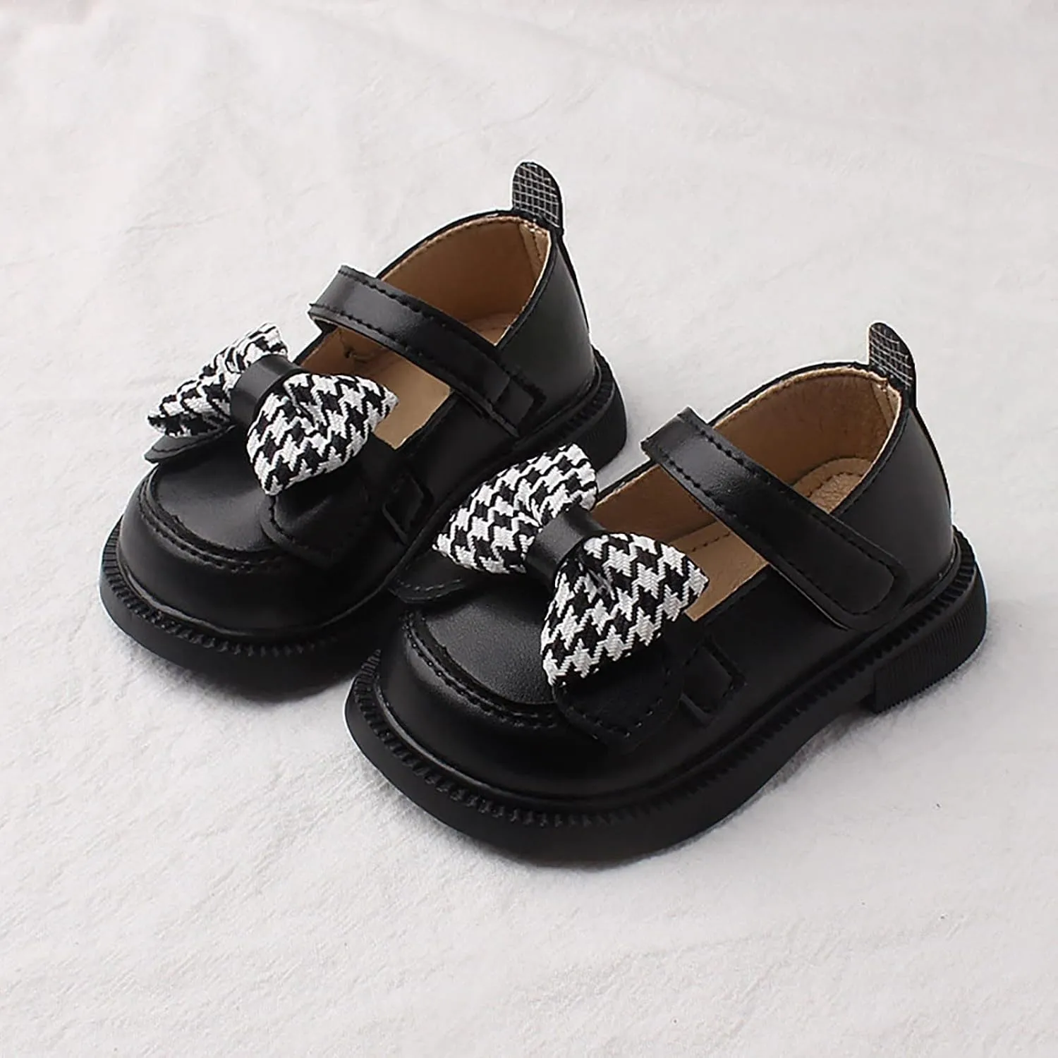 Baby Mary Jane Chunky Flat𝐬 Infant Platform Slip On Heel Leather Flat𝐬 Round Toe School Uniform Dress Shoes with Bow
