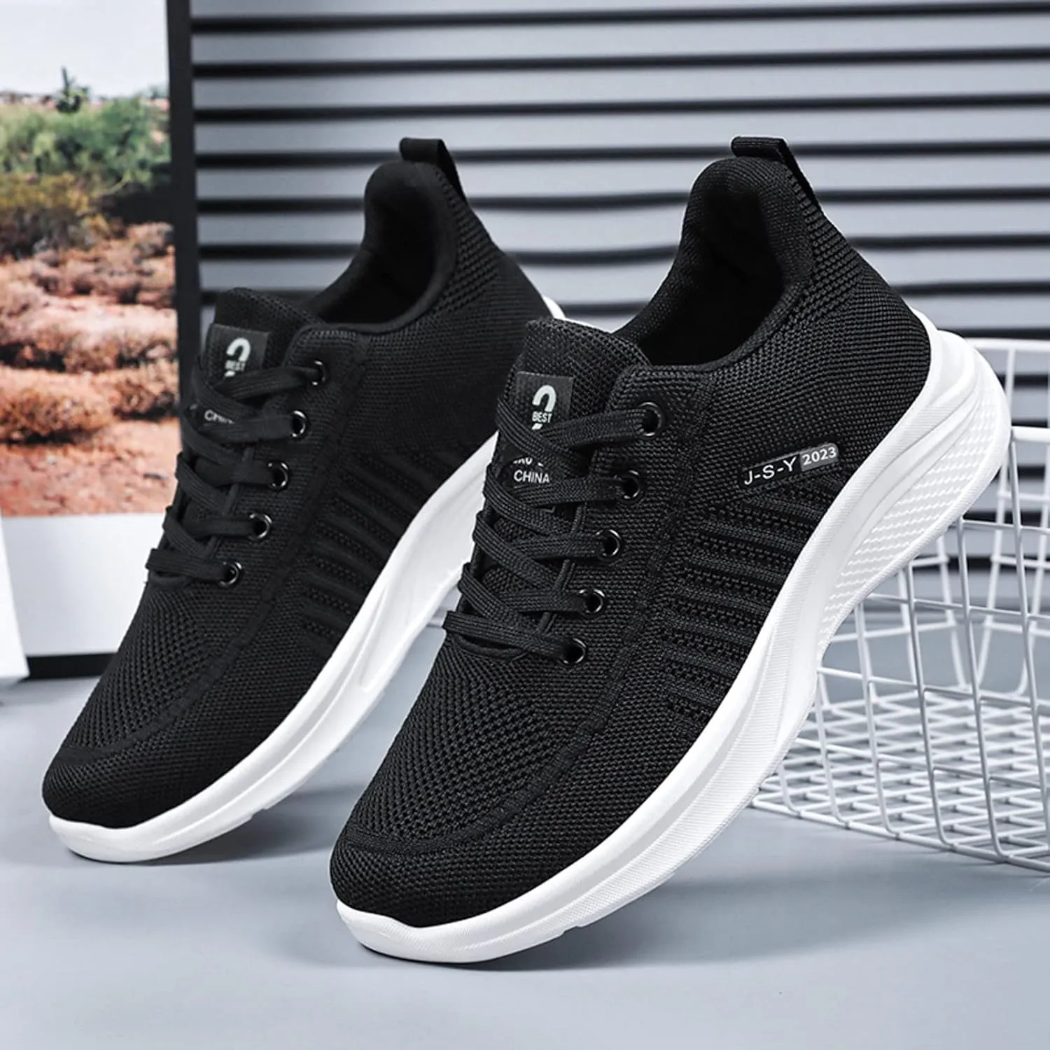 Fashion Summer Men Sports Shoes Flat Soft Bottom Mesh Breathable Comfortable Lace Up Solid Sneaker Socks for Men
