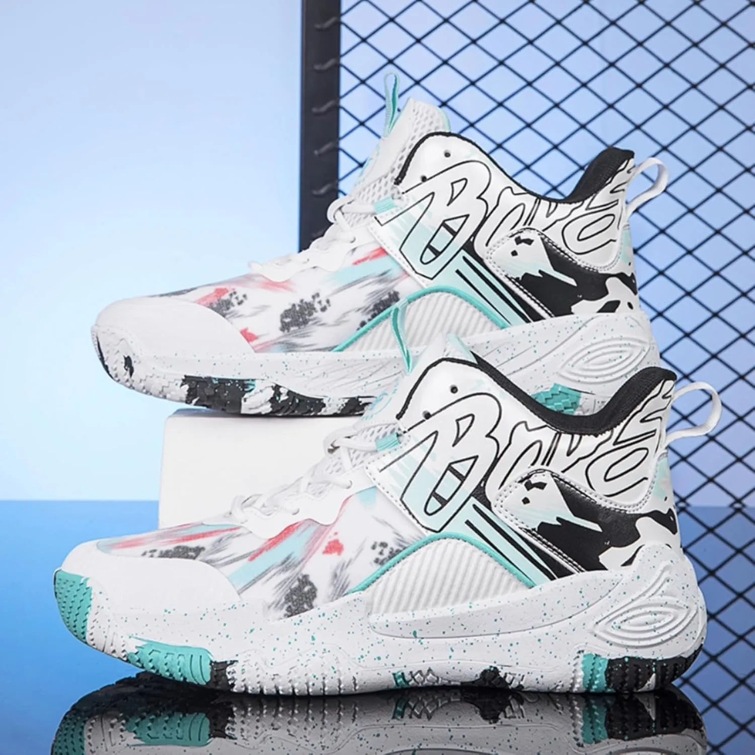 FOTN Womens Breathable Mesh High Top Basketball Shoes Lightweight Non-Slip Sport Shoes Fashion Graffiti Soft Training Runnig Tennis Sneakers