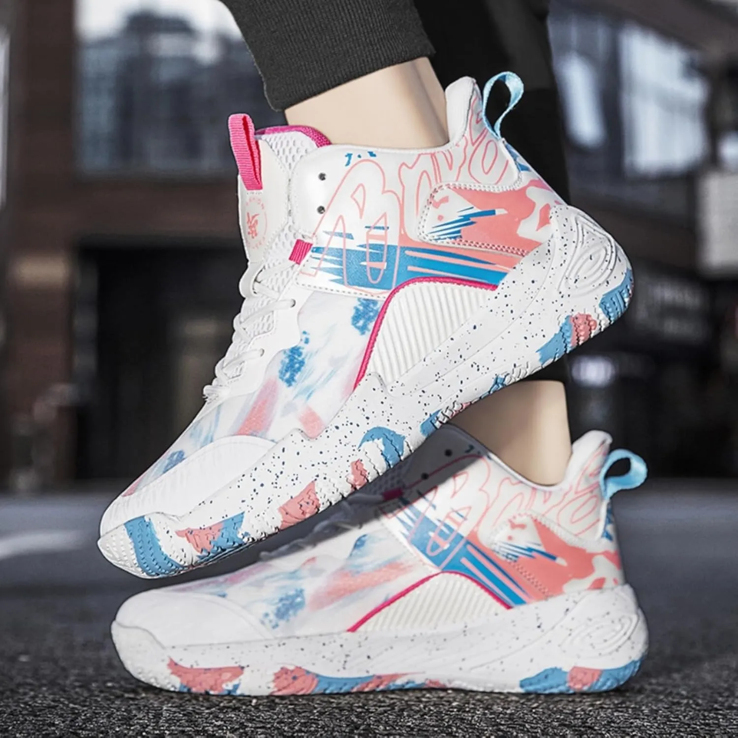 FOTN Womens Breathable Mesh High Top Basketball Shoes Lightweight Non-Slip Sport Shoes Fashion Graffiti Soft Training Runnig Tennis Sneakers
