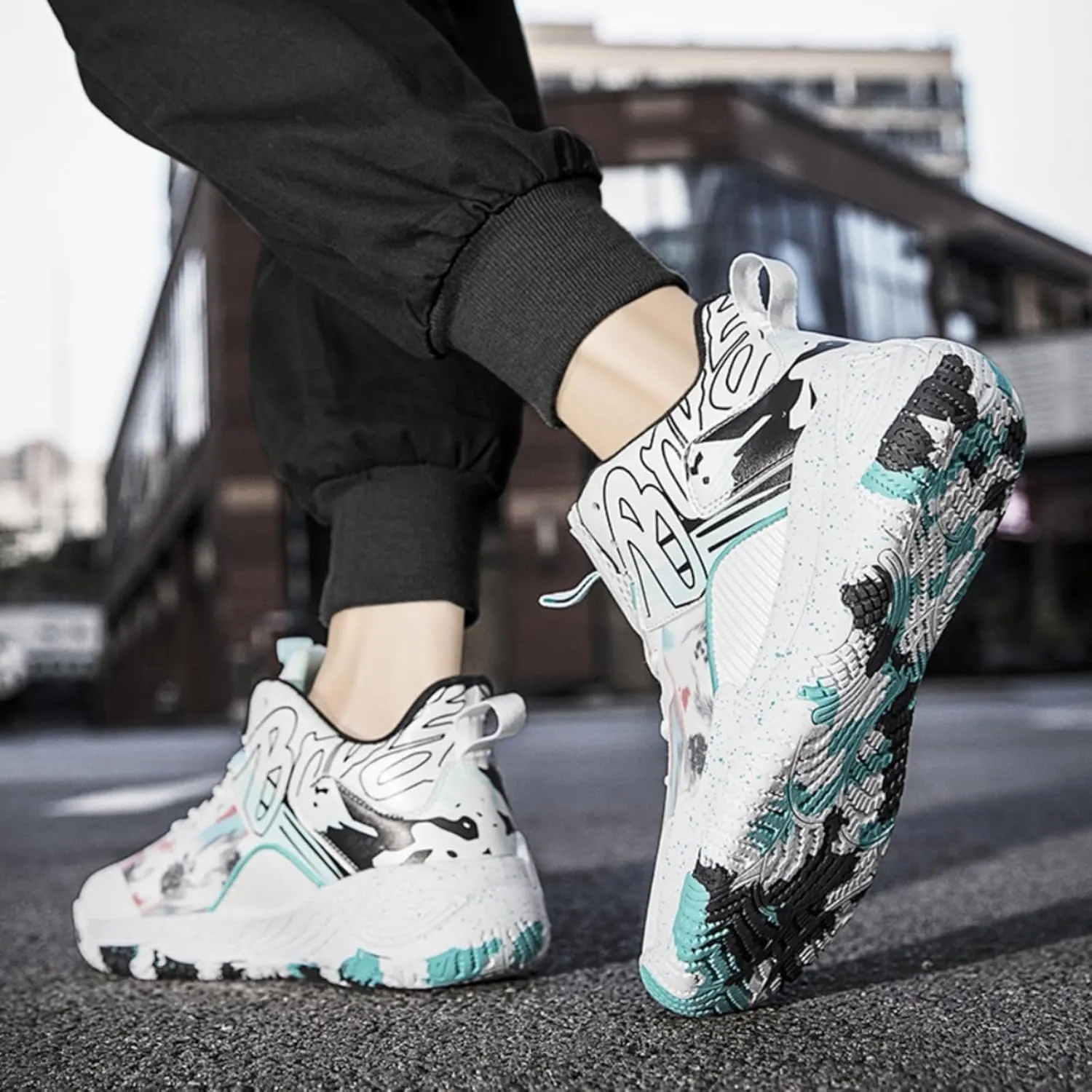 FOTN Womens Breathable Mesh High Top Basketball Shoes Lightweight Non-Slip Sport Shoes Fashion Graffiti Soft Training Runnig Tennis Sneakers