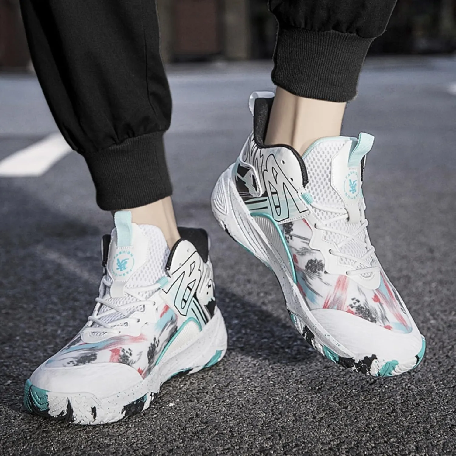 FOTN Womens Breathable Mesh High Top Basketball Shoes Lightweight Non-Slip Sport Shoes Fashion Graffiti Soft Training Runnig Tennis Sneakers