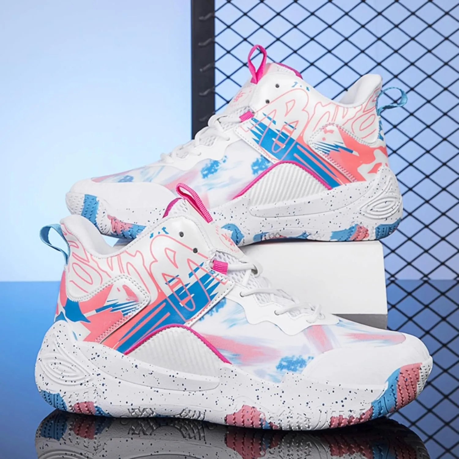 FOTN Womens Breathable Mesh High Top Basketball Shoes Lightweight Non-Slip Sport Shoes Fashion Graffiti Soft Training Runnig Tennis Sneakers