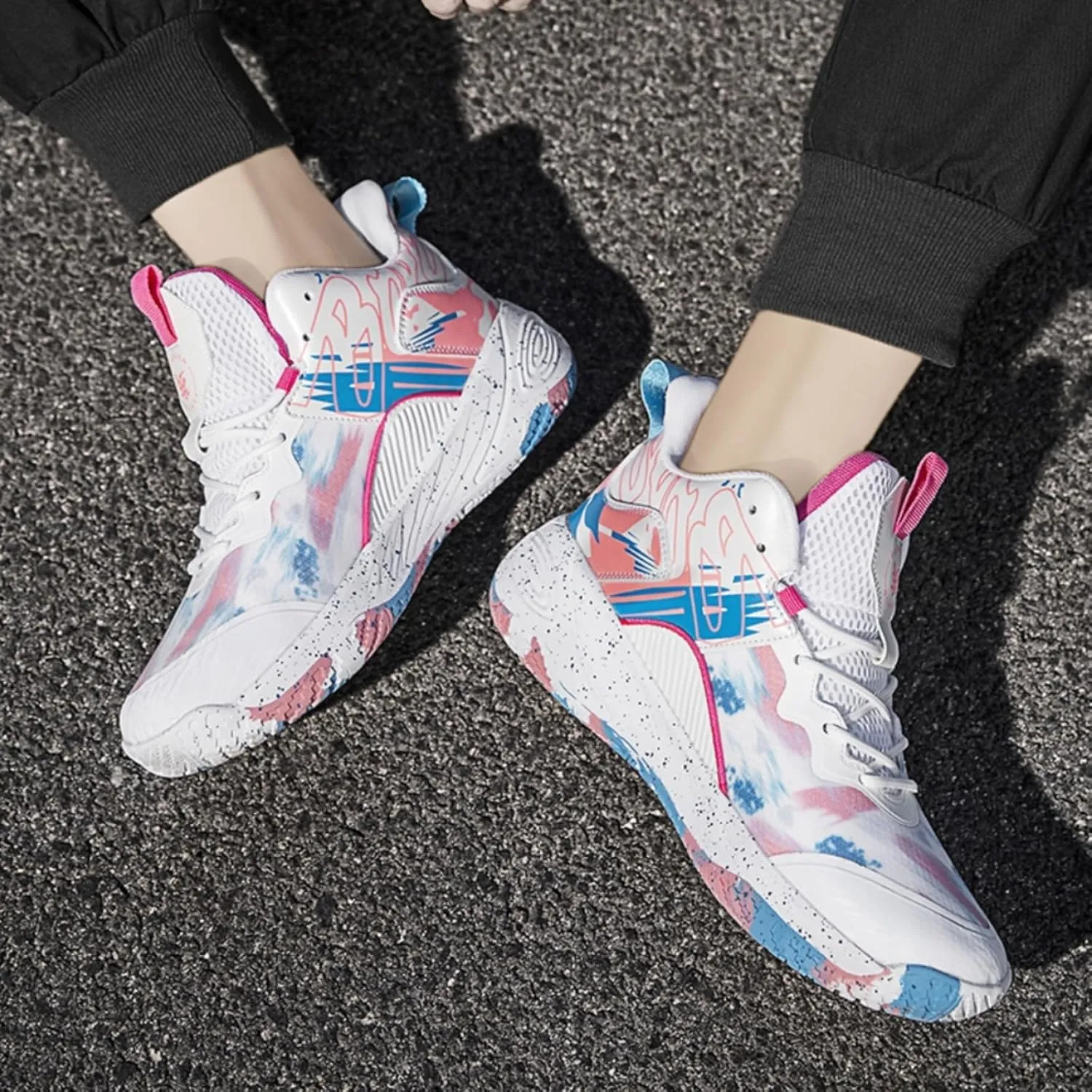 FOTN Womens Breathable Mesh High Top Basketball Shoes Lightweight Non-Slip Sport Shoes Fashion Graffiti Soft Training Runnig Tennis Sneakers