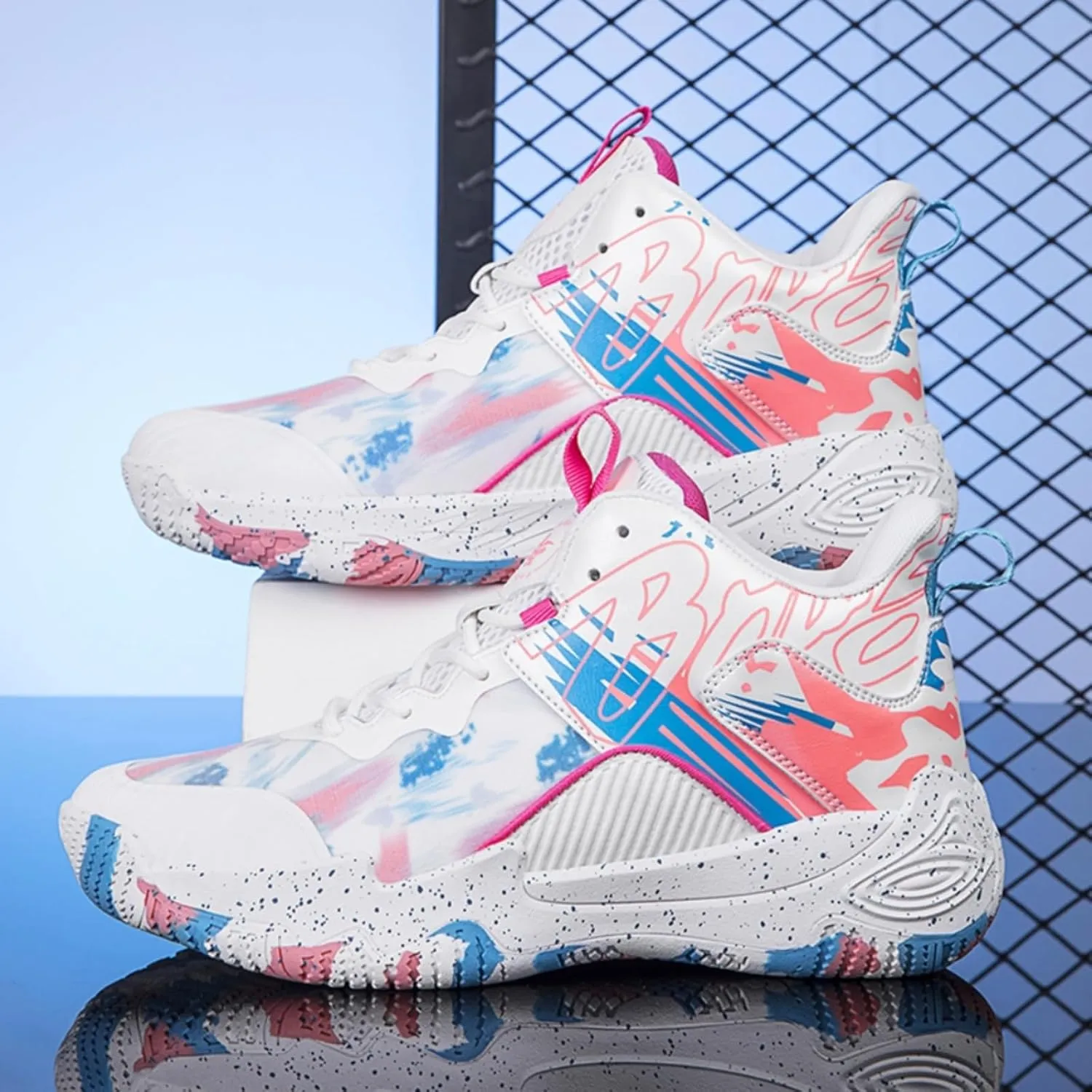 FOTN Womens Breathable Mesh High Top Basketball Shoes Lightweight Non-Slip Sport Shoes Fashion Graffiti Soft Training Runnig Tennis Sneakers