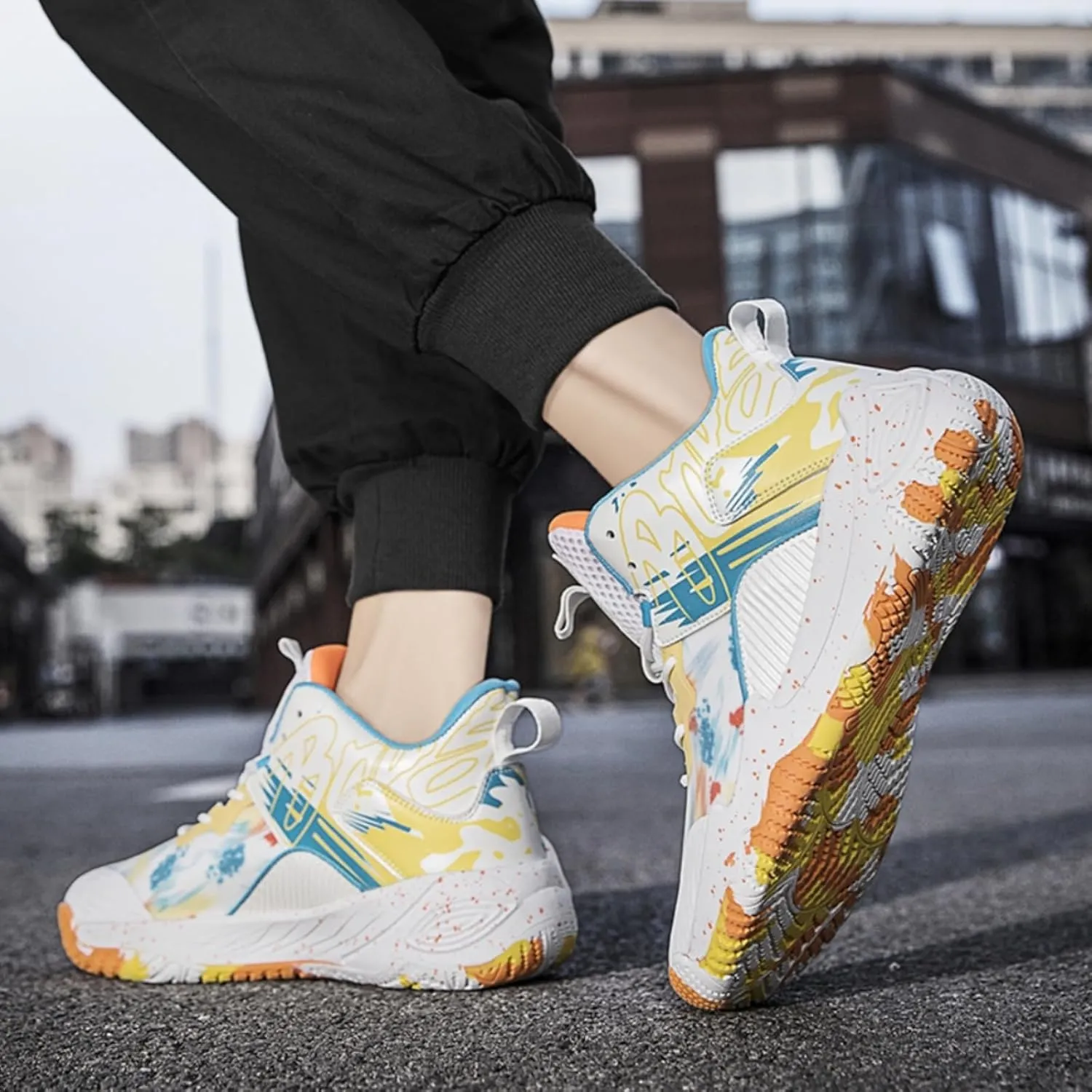 FOTN Womens Breathable Mesh High Top Basketball Shoes Lightweight Non-Slip Sport Shoes Fashion Graffiti Soft Training Runnig Tennis Sneakers