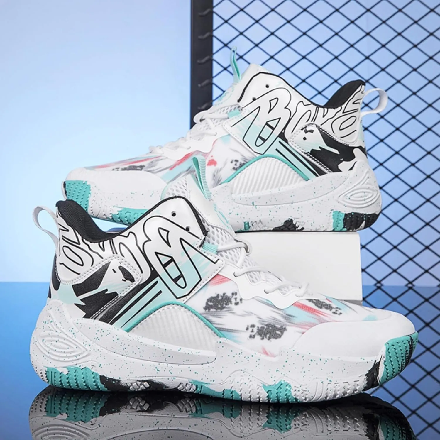 FOTN Womens Breathable Mesh High Top Basketball Shoes Lightweight Non-Slip Sport Shoes Fashion Graffiti Soft Training Runnig Tennis Sneakers