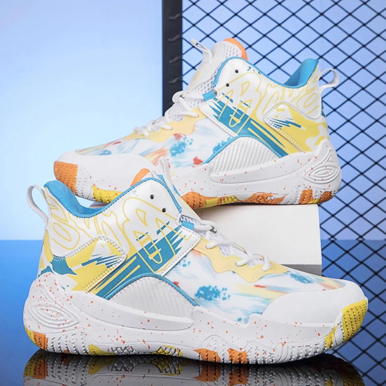 FOTN Womens Breathable Mesh High Top Basketball Shoes Lightweight Non-Slip Sport Shoes Fashion Graffiti Soft Training Runnig Tennis Sneakers