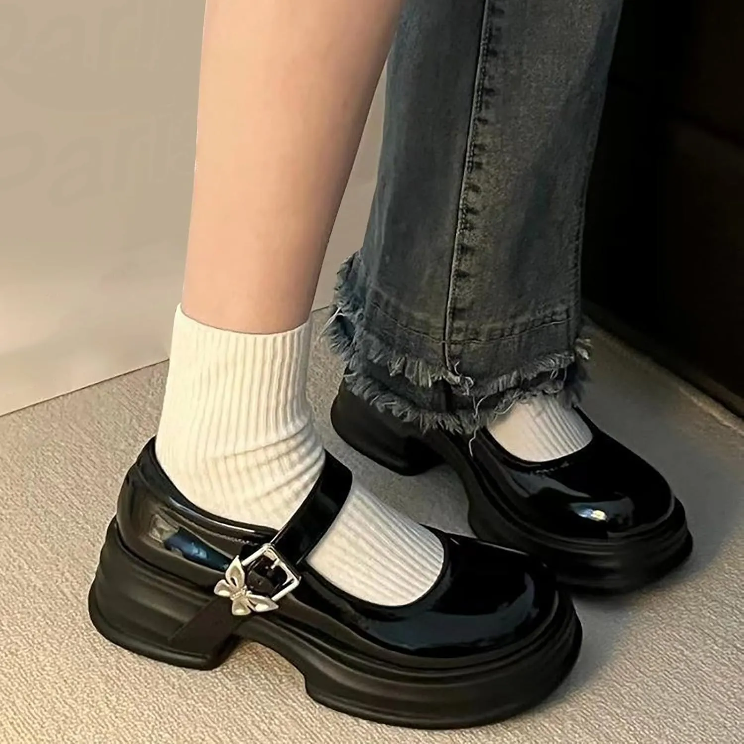 Girls Chunky Mary Jane Platform Shoes Dress Chunky Heels Leather Loafers for Girl Uniform P𝐚tent Pumps Slip On Shoes