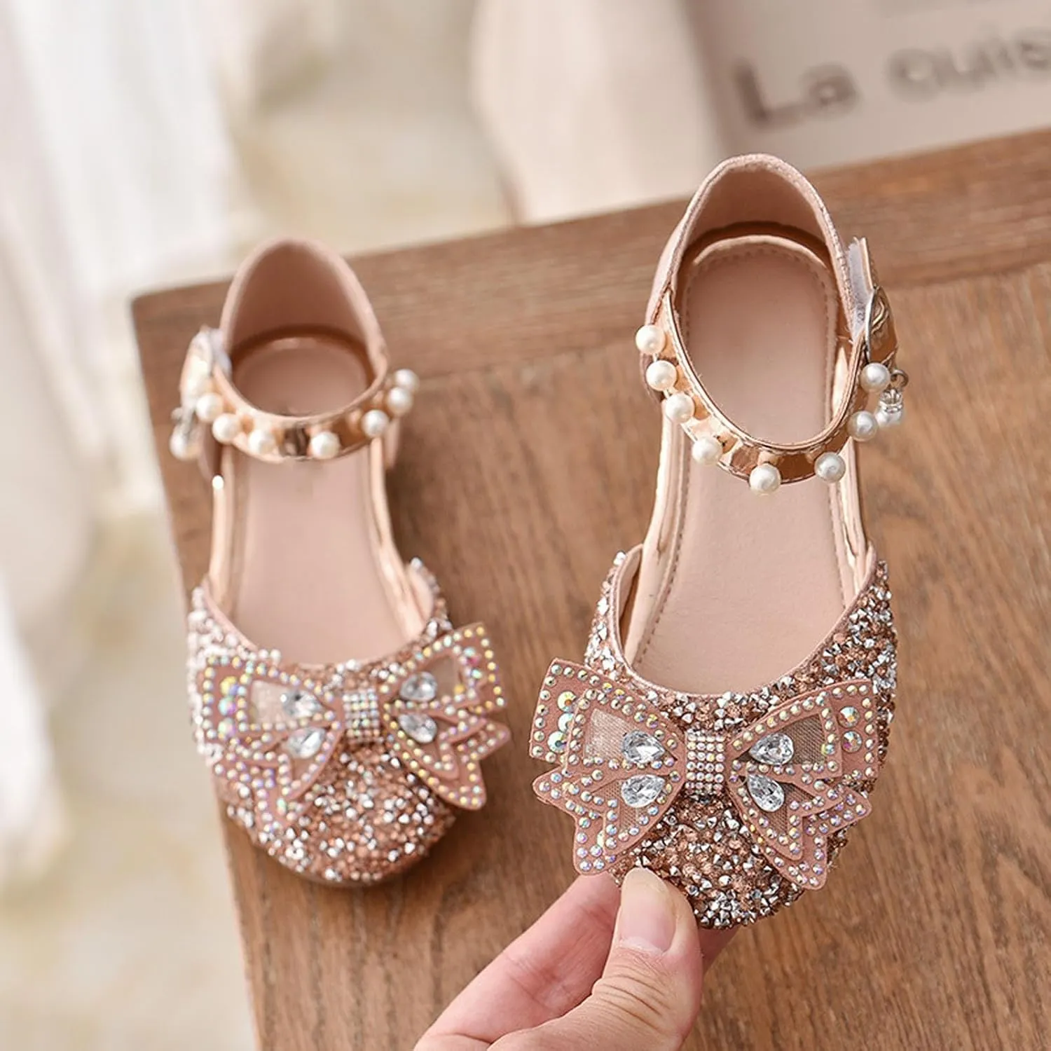 Girls Dress Shoes Rhinstones Bow Mary Jane Ballet Flats Wedding Party Toddler Kids Flower Girl Sandals