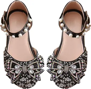 Girls Dress Shoes Rhinstones Bow Mary Jane Ballet Flats Wedding Party Toddler Kids Flower Girl Sandals