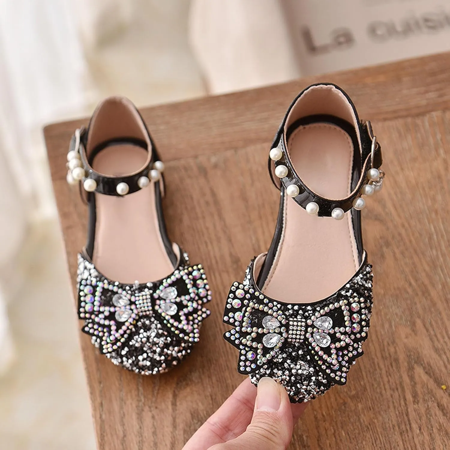 Girls Dress Shoes Rhinstones Bow Mary Jane Ballet Flats Wedding Party Toddler Kids Flower Girl Sandals