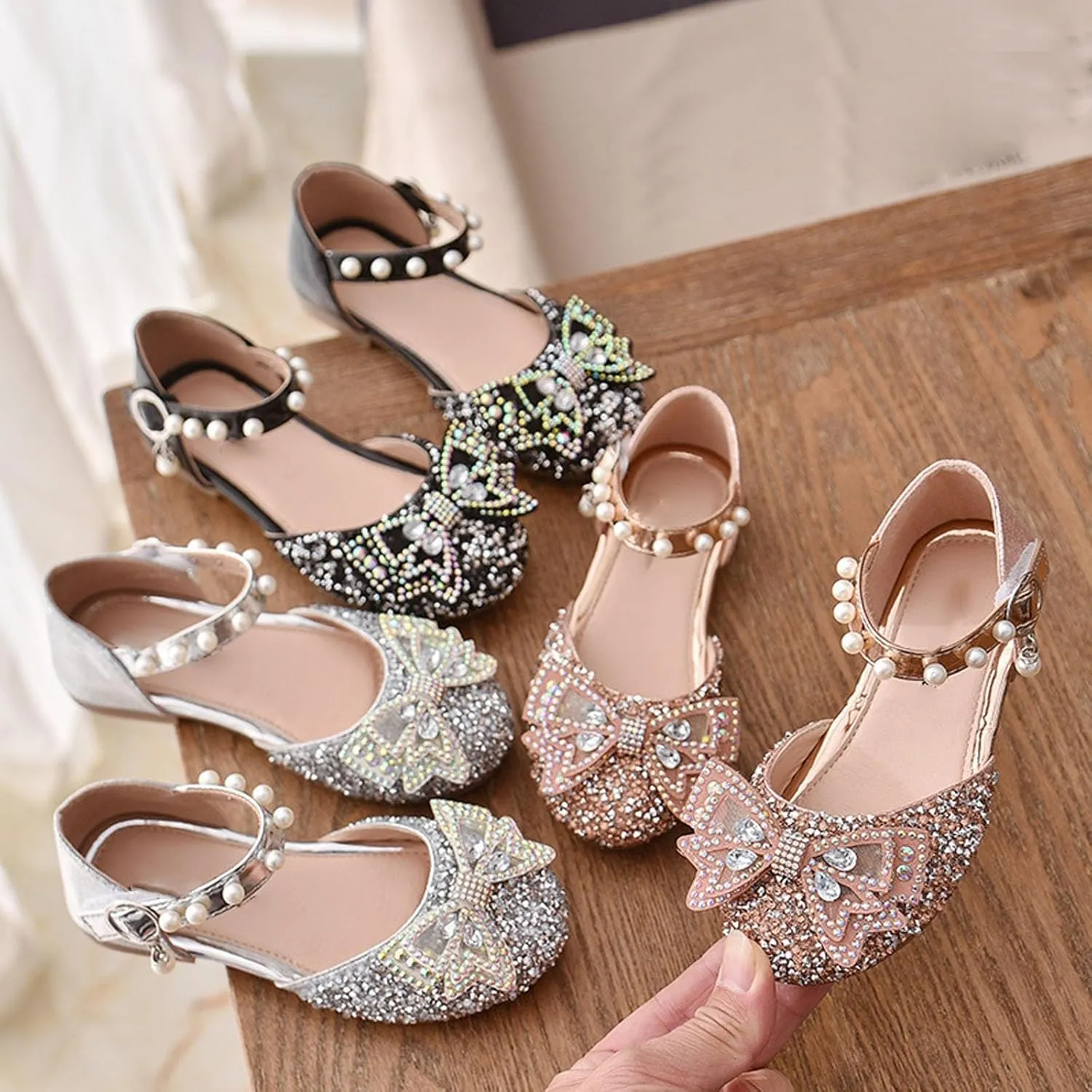 Girls Dress Shoes Rhinstones Bow Mary Jane Ballet Flats Wedding Party Toddler Kids Flower Girl Sandals