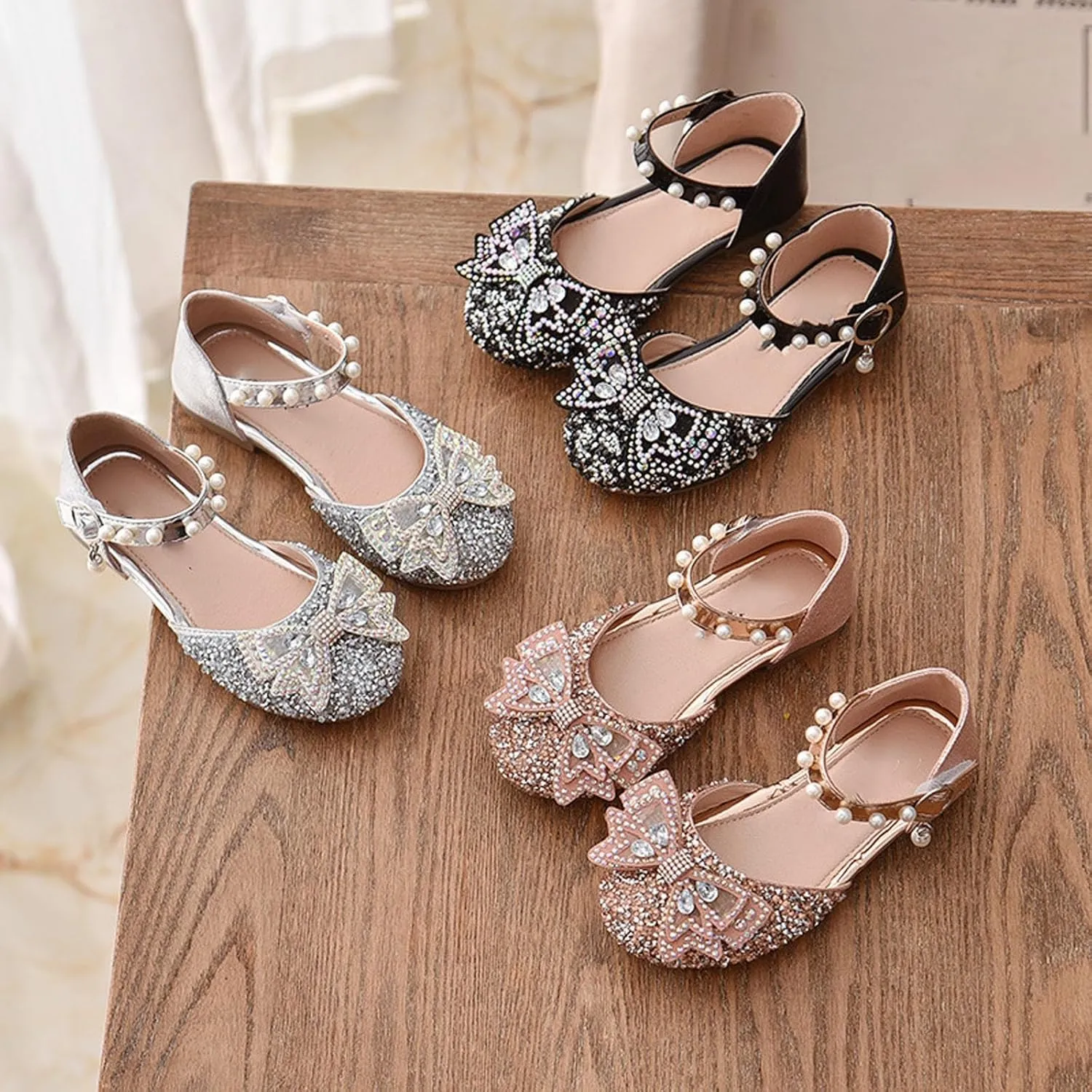 Girls Dress Shoes Rhinstones Bow Mary Jane Ballet Flats Wedding Party Toddler Kids Flower Girl Sandals