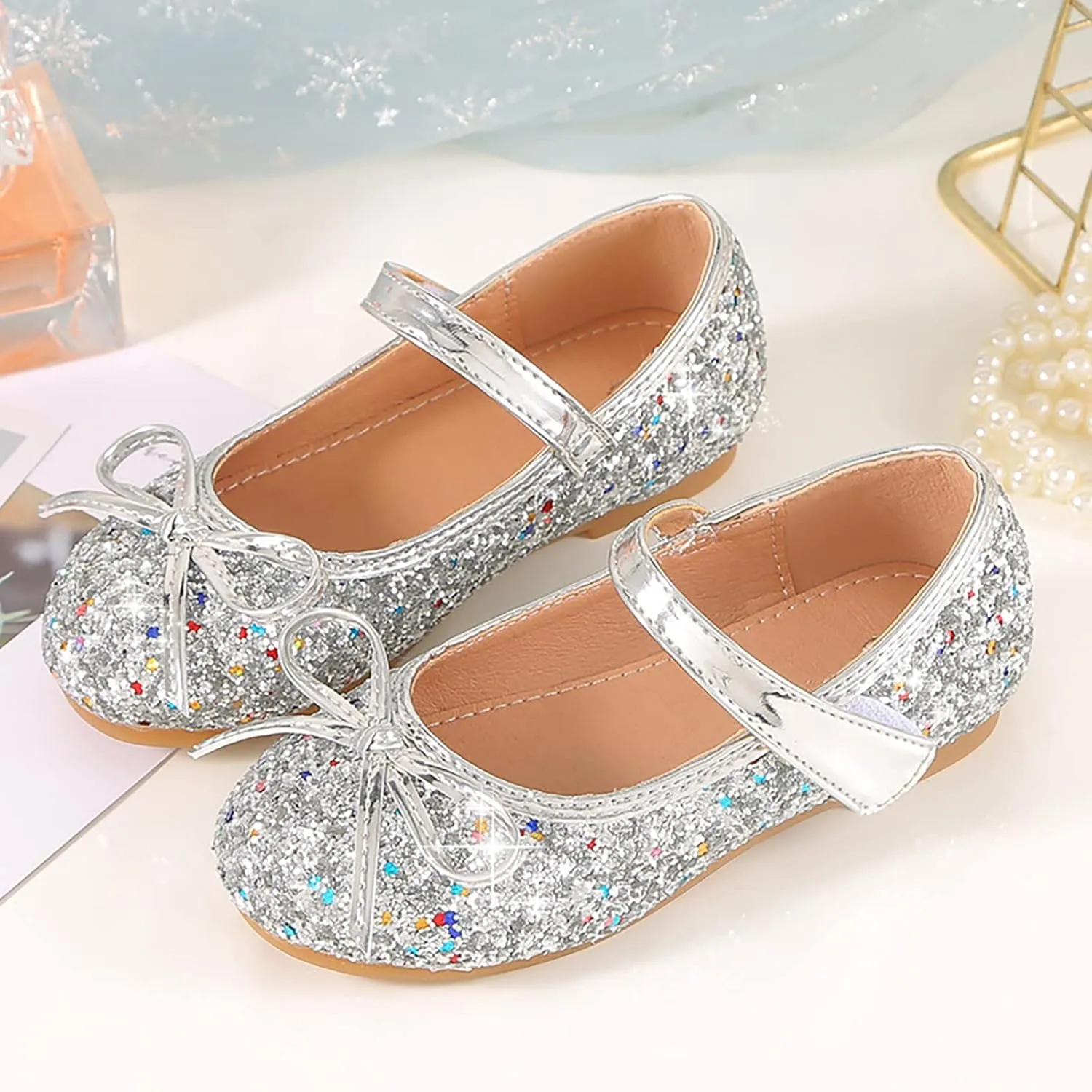 Girls Dress Shoes Wedding Party School Mary Jane Flower Flats Glitter Sequins Slip On Ballet Dance Shoes