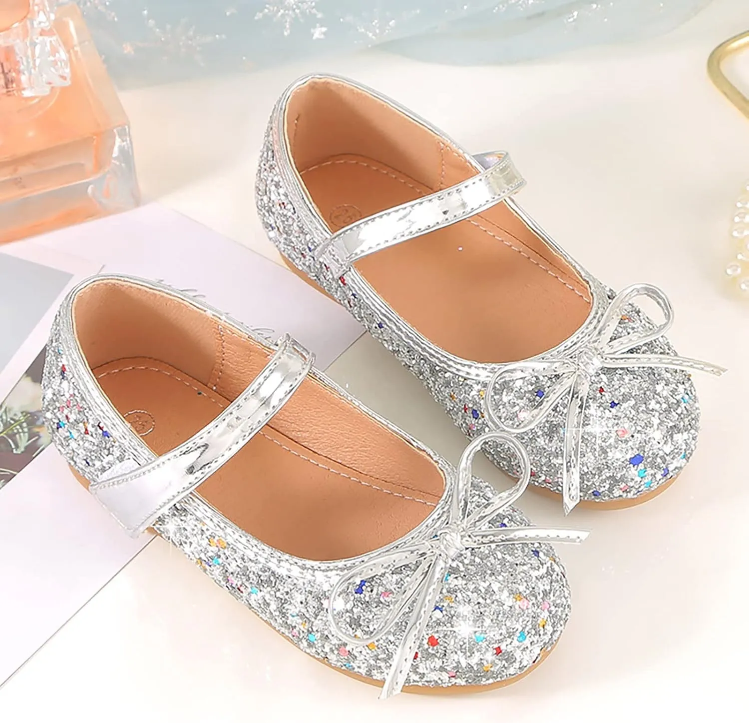 Girls Dress Shoes Wedding Party School Mary Jane Flower Flats Glitter Sequins Slip On Ballet Dance Shoes