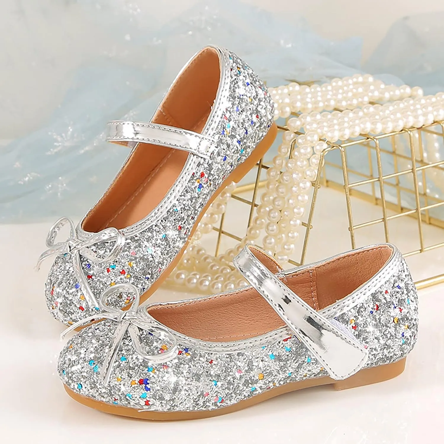 Girls Dress Shoes Wedding Party School Mary Jane Flower Flats Glitter Sequins Slip On Ballet Dance Shoes