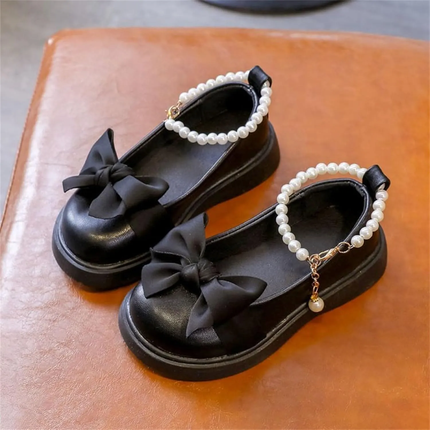 Girls Mary Jane Shoes with Pearls Bow Flower Girl Shoes Toddler Dress Shoes for School Party Wedding Shoes