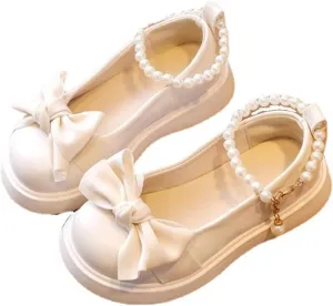 Girls Mary Jane Shoes with Pearls Bow Flower Girl Shoes Toddler Dress Shoes for School Party Wedding Shoes