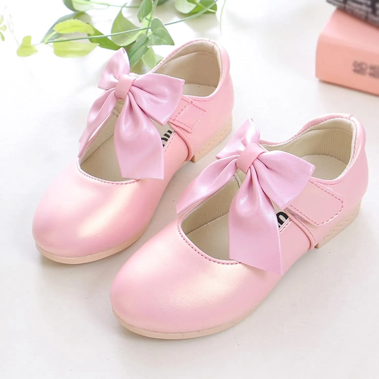 Kids Ballet Shoes Flower Girls Mary Jane Flats with Bow Dress Shoes Party Wedding Church Shoes for Toddler Girl