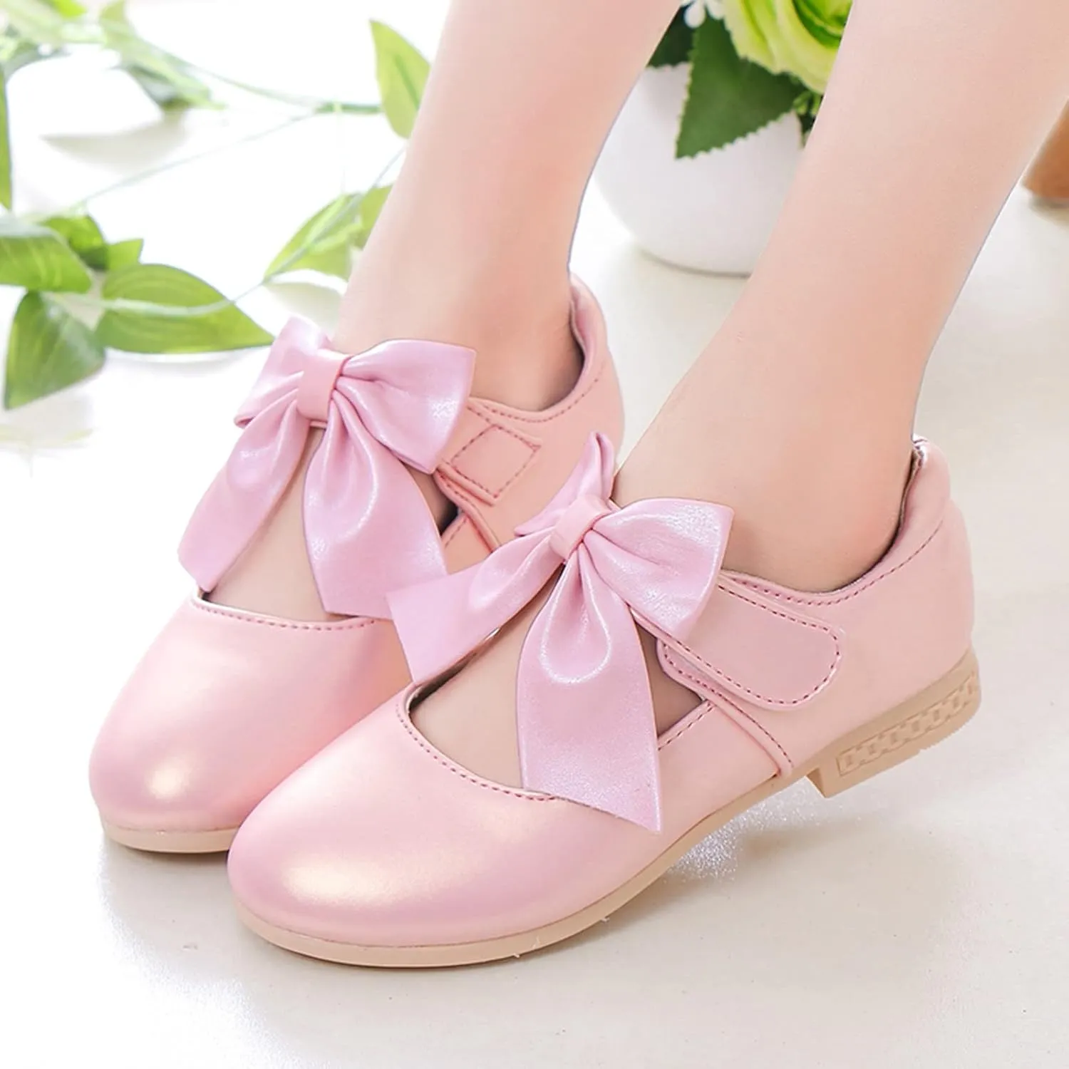 Kids Ballet Shoes Flower Girls Mary Jane Flats with Bow Dress Shoes Party Wedding Church Shoes for Toddler Girl
