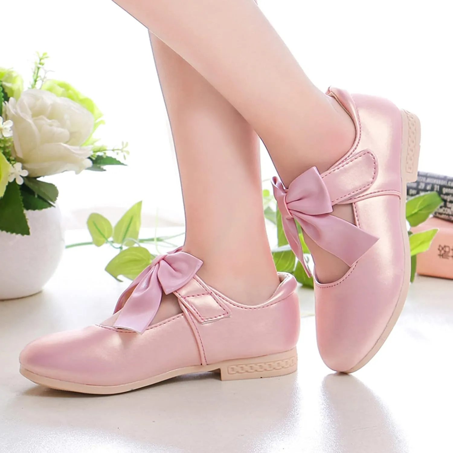 Kids Ballet Shoes Flower Girls Mary Jane Flats with Bow Dress Shoes Party Wedding Church Shoes for Toddler Girl
