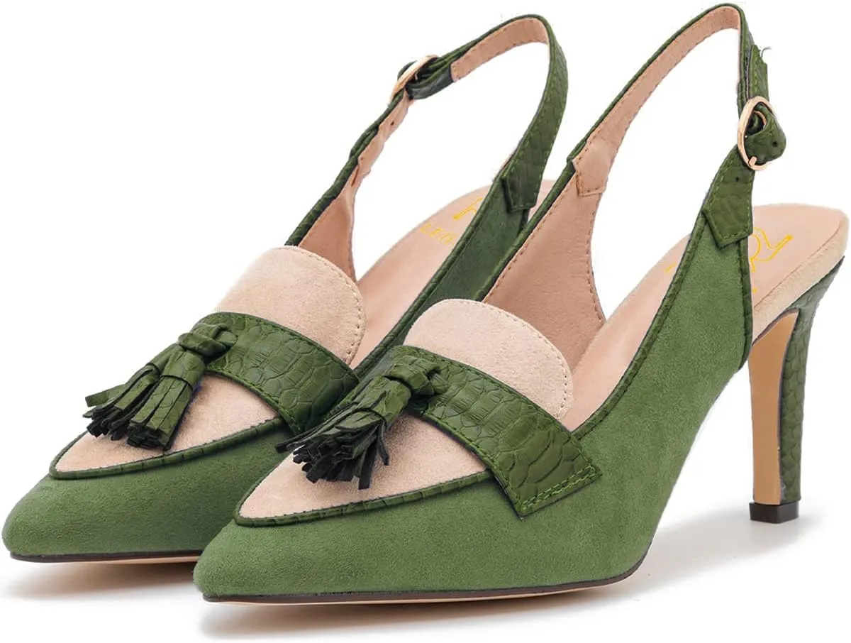 LEHOOR Women Kitten Heels Slingback Pumps Pointed Toe Suede Tassel Loafers 3” Stiletto High Heel Dress Shoes Ankle Strap Two-Tone Closed Pointy Toe Sandals Backless Buckle Patchwork Chic 4-11 M US