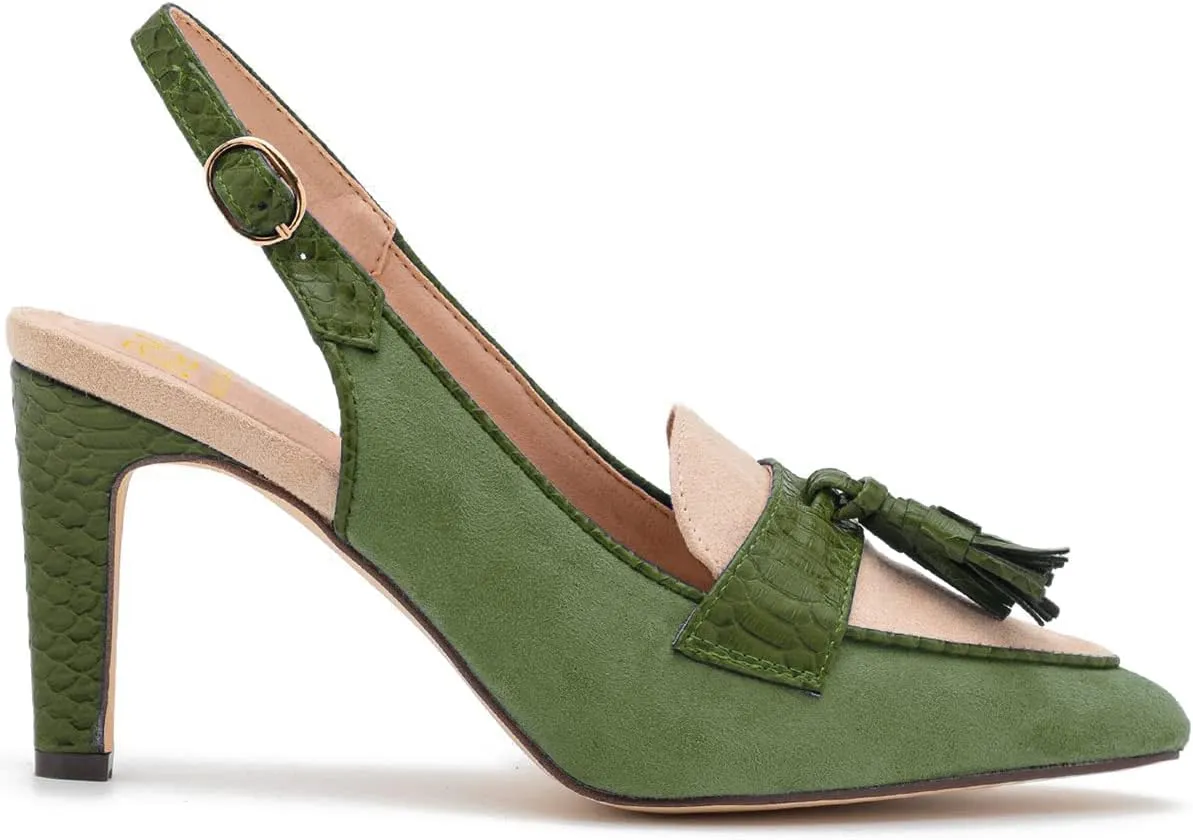 LEHOOR Women Kitten Heels Slingback Pumps Pointed Toe Suede Tassel Loafers 3” Stiletto High Heel Dress Shoes Ankle Strap Two-Tone Closed Pointy Toe Sandals Backless Buckle Patchwork Chic 4-11 M US