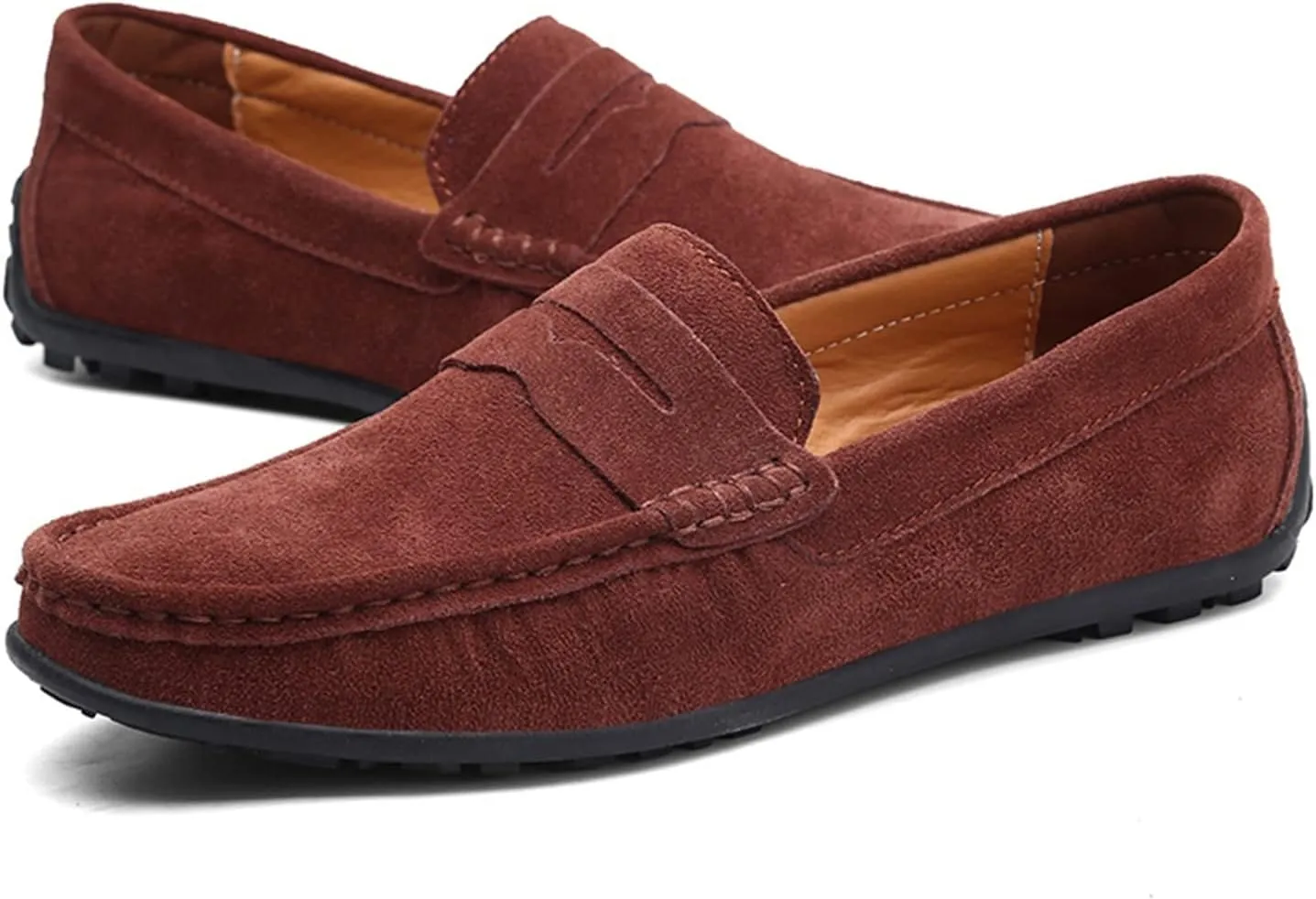 Loafers for Men Genuine Leather Stitching Details Round Toe Suede Vamp Penny Loafer Rubber Sole Flexible Slip Resistant Lightweight Classic Slip-ons