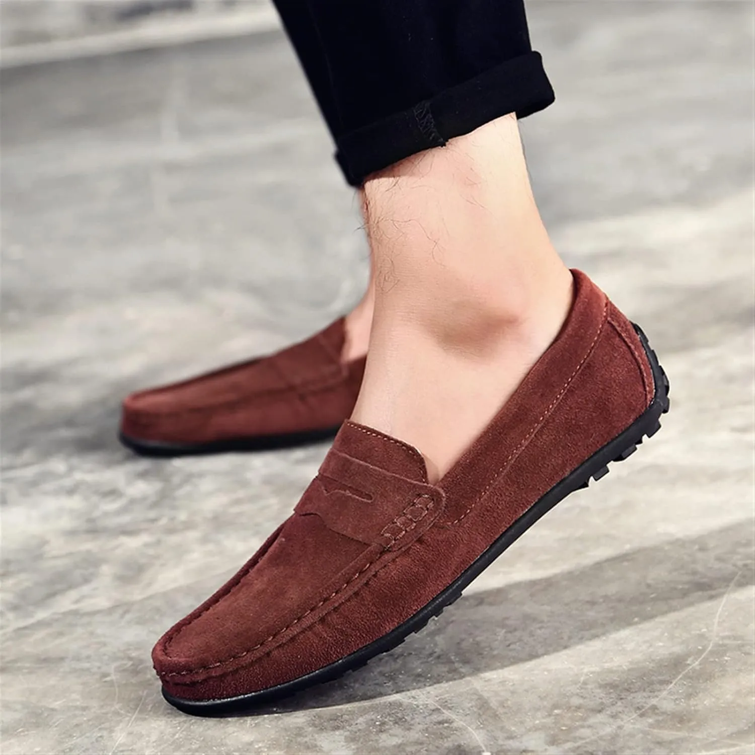 Loafers for Men Genuine Leather Stitching Details Round Toe Suede Vamp Penny Loafer Rubber Sole Flexible Slip Resistant Lightweight Classic Slip-ons