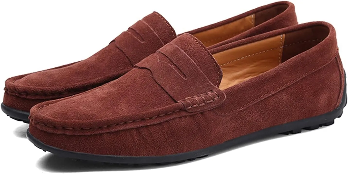 Loafers for Men Genuine Leather Stitching Details Round Toe Suede Vamp Penny Loafer Rubber Sole Flexible Slip Resistant Lightweight Classic Slip-ons
