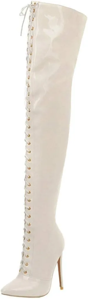 MAVMAX Women's Lace up Patent Leather Over The Knee Stilettos Boots Pointed Toe Thigh High Leather Boots