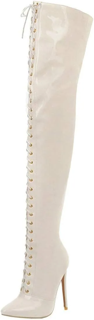 MAVMAX Women's Lace up Patent Leather Over The Knee Stilettos Boots Pointed Toe Thigh High Leather Boots