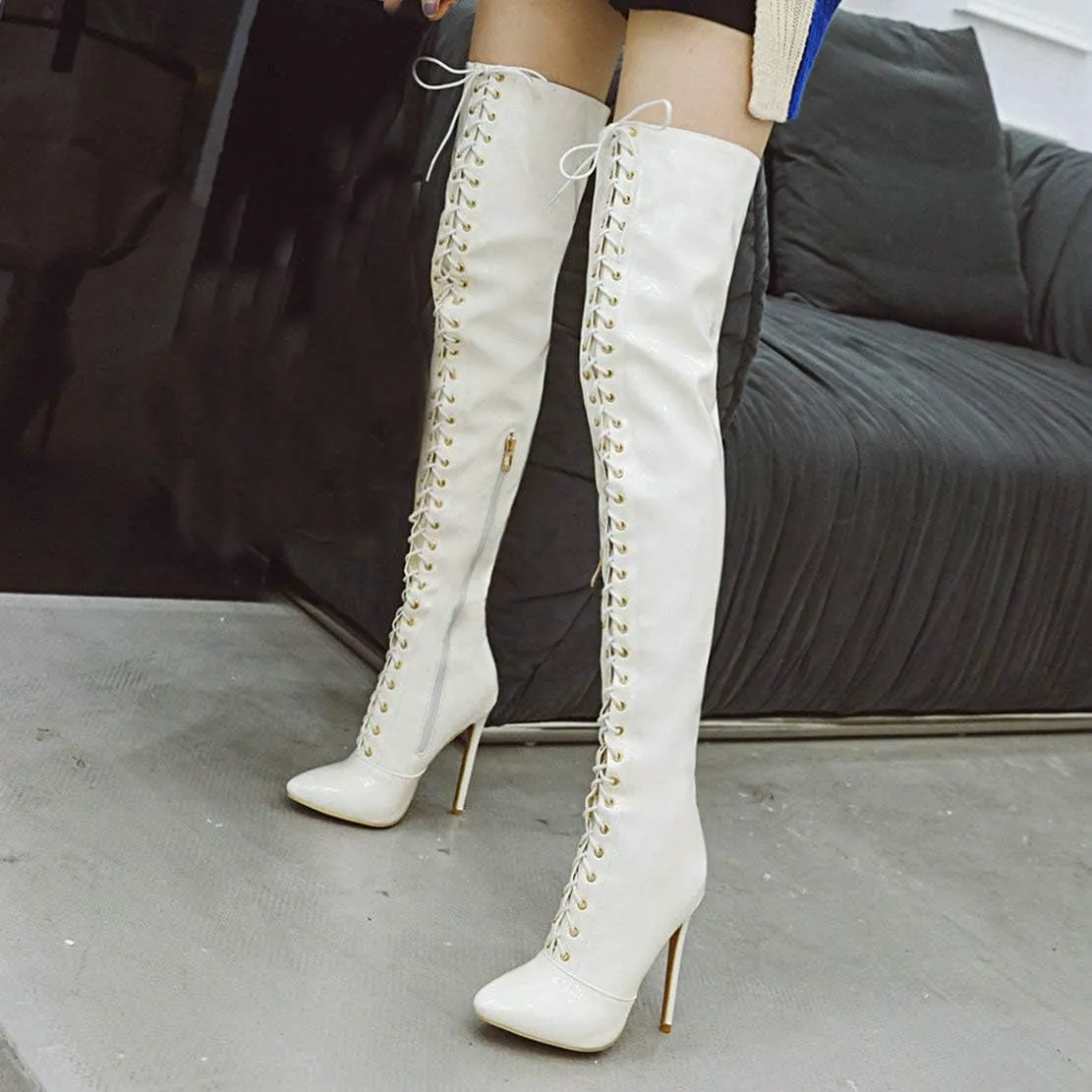 MAVMAX Women's Lace up Patent Leather Over The Knee Stilettos Boots Pointed Toe Thigh High Leather Boots