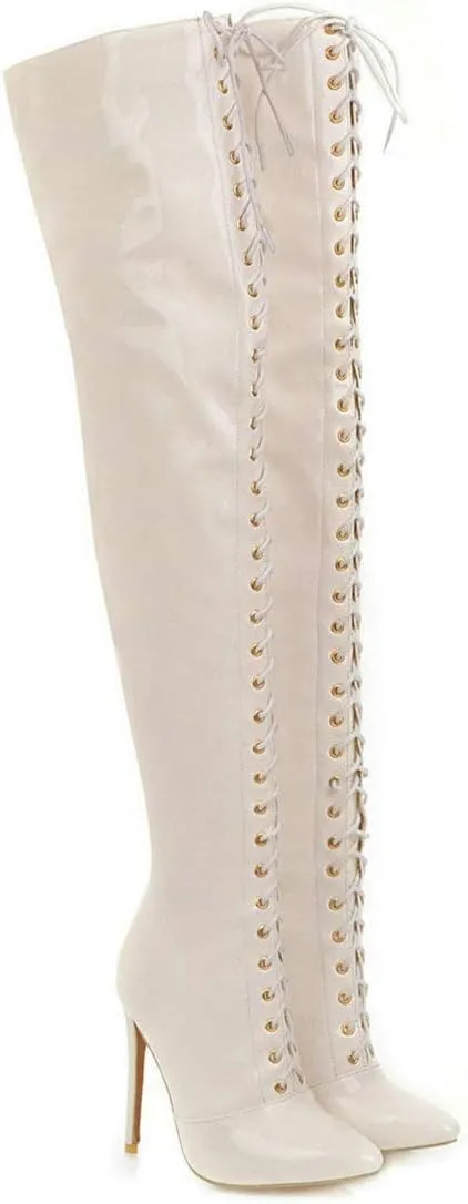 MAVMAX Women's Lace up Patent Leather Over The Knee Stilettos Boots Pointed Toe Thigh High Leather Boots