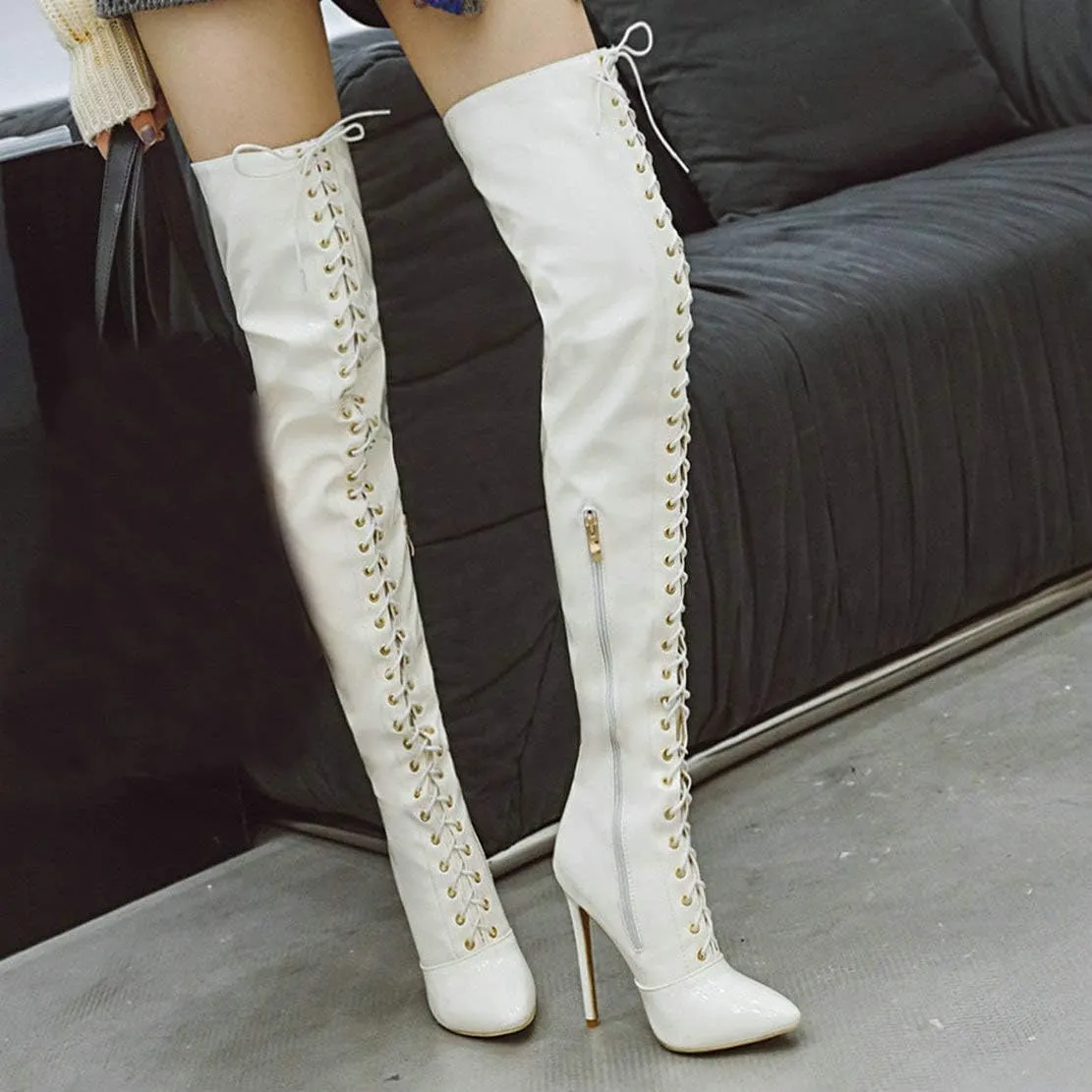MAVMAX Women's Lace up Patent Leather Over The Knee Stilettos Boots Pointed Toe Thigh High Leather Boots