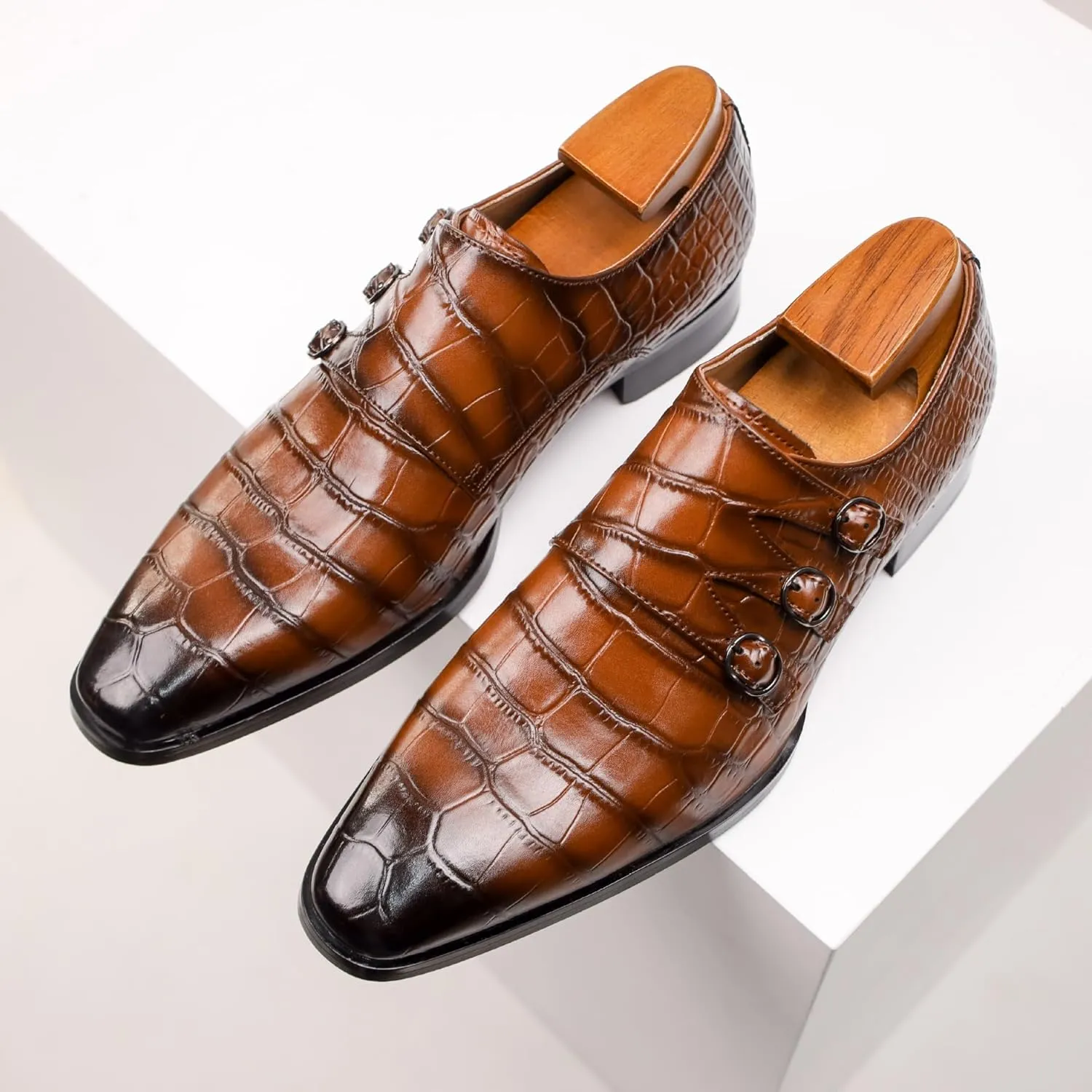 Mens Casual Leather Shoes Buckle Strap Flat Handmade Pointed Toe Slip On Loafers Fashion Lightweight Walking Driving High Boots