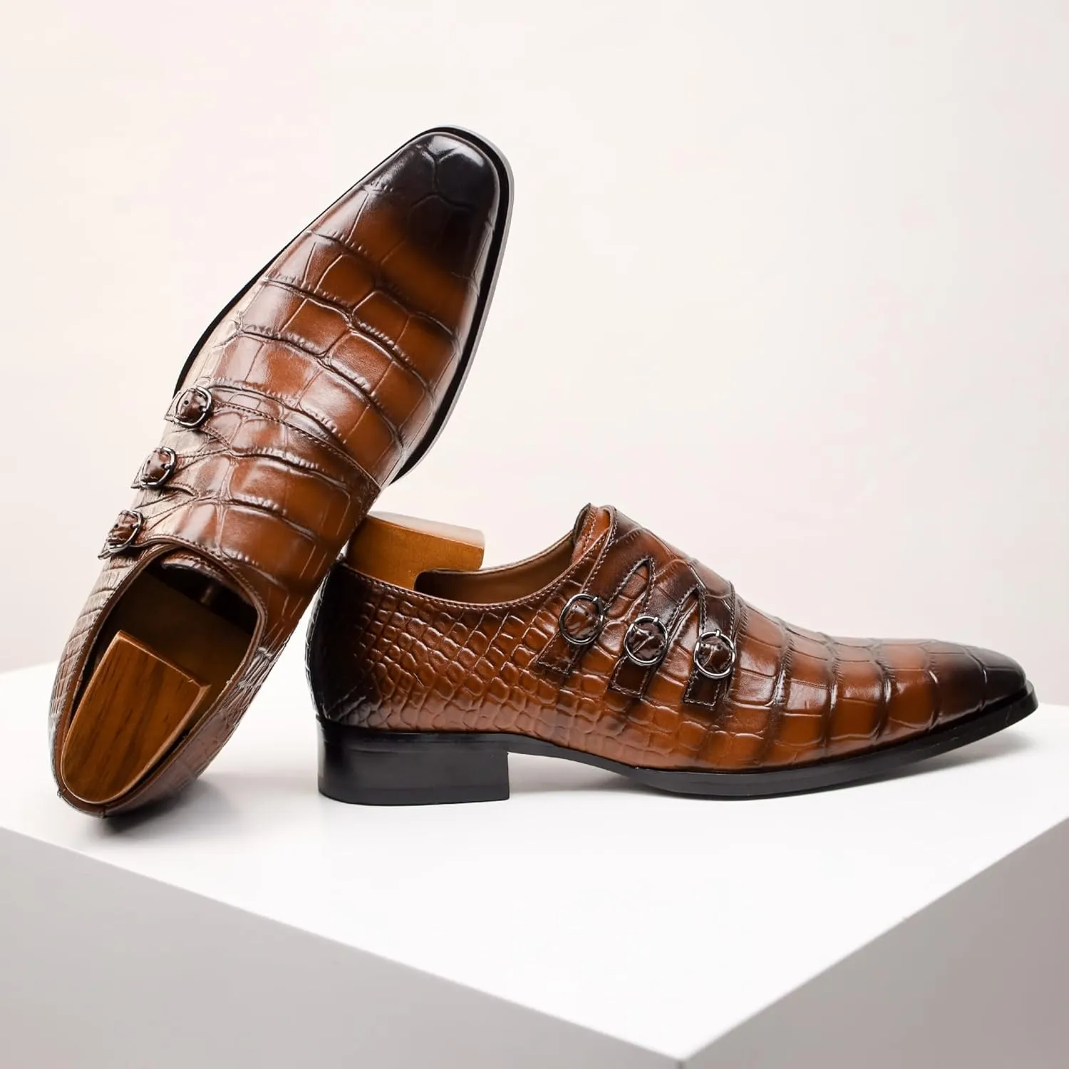 Mens Casual Leather Shoes Buckle Strap Flat Handmade Pointed Toe Slip On Loafers Fashion Lightweight Walking Driving High Boots