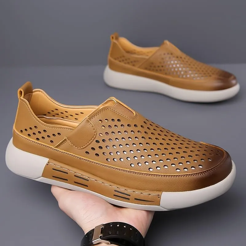 Men's Casual Loafers Hands Free 1-Second Slip On Leather Loafers Arch Support Orthopedic Comfortable Walking Shoes for Men