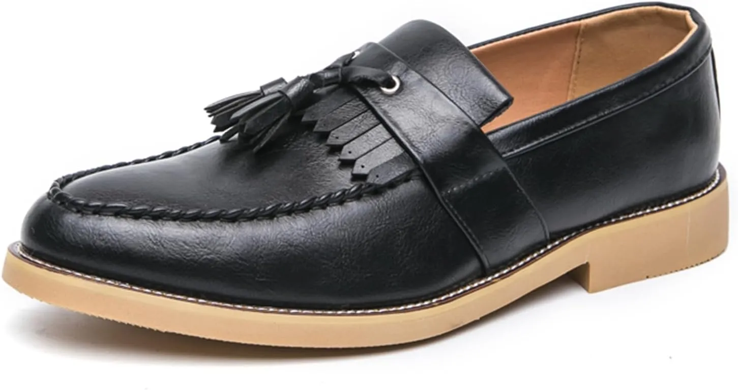 Men's Classic Tassel Loafers Black Leather Slip-On Dress Shoes with Kiltie Fringe Driving Flats Tan Sole Anti-Slip Moc Toe Design