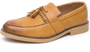 Men's Classic Tassel Loafers Black Leather Slip-On Dress Shoes with Kiltie Fringe Driving Flats Tan Sole Anti-Slip Moc Toe Design