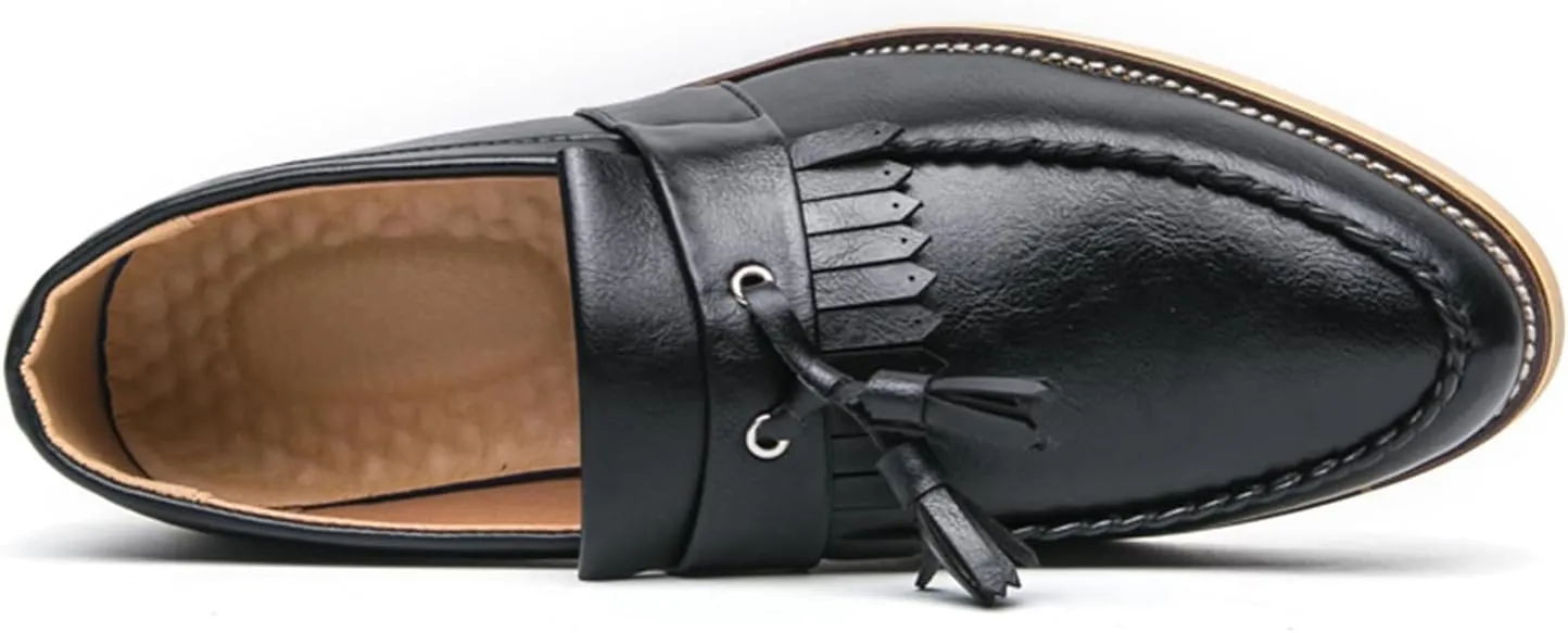 Men's Classic Tassel Loafers Black Leather Slip-On Dress Shoes with Kiltie Fringe Driving Flats Tan Sole Anti-Slip Moc Toe Design