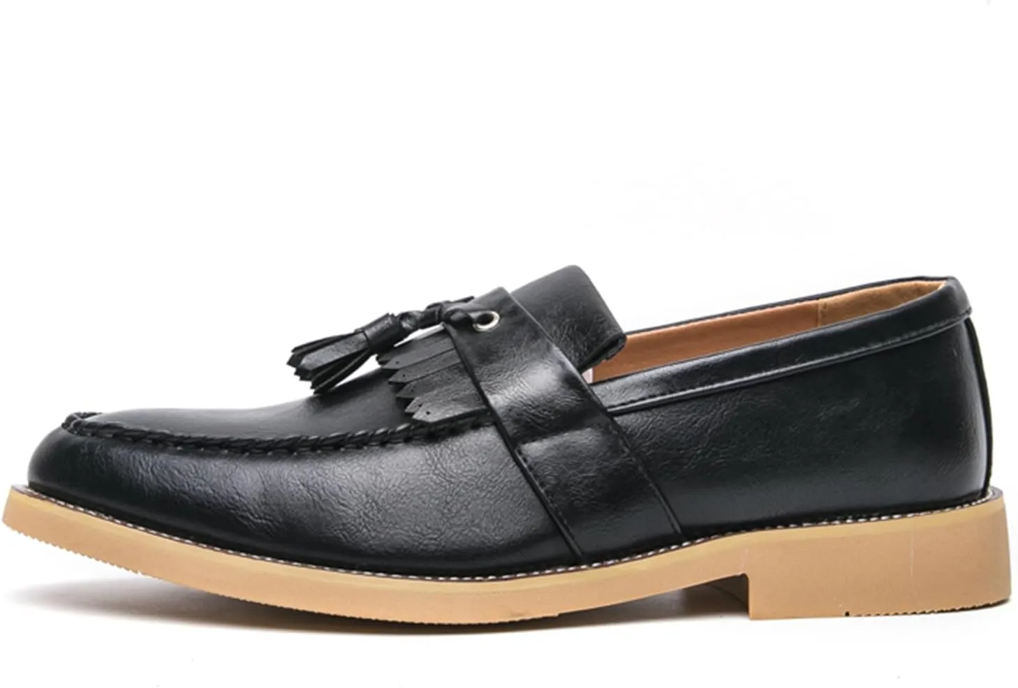Men's Classic Tassel Loafers Black Leather Slip-On Dress Shoes with Kiltie Fringe Driving Flats Tan Sole Anti-Slip Moc Toe Design