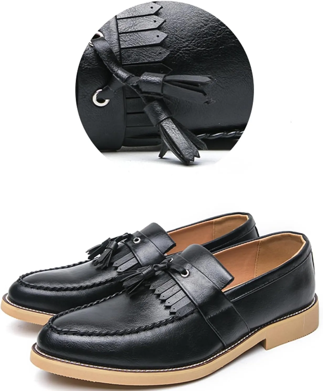 Men's Classic Tassel Loafers Black Leather Slip-On Dress Shoes with Kiltie Fringe Driving Flats Tan Sole Anti-Slip Moc Toe Design