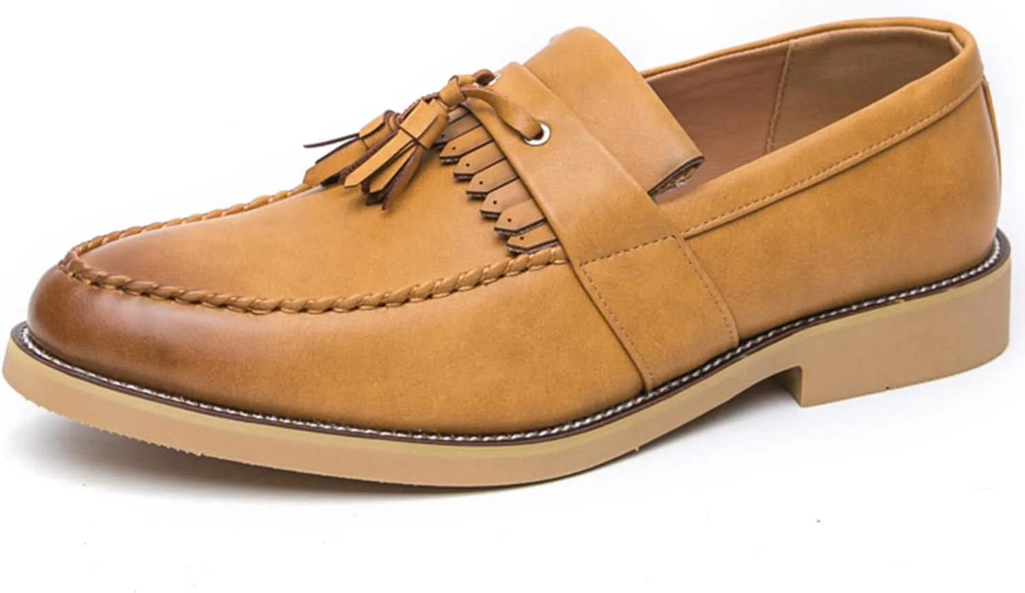 Men's Classic Tassel Loafers Black Leather Slip-On Dress Shoes with Kiltie Fringe Driving Flats Tan Sole Anti-Slip Moc Toe Design
