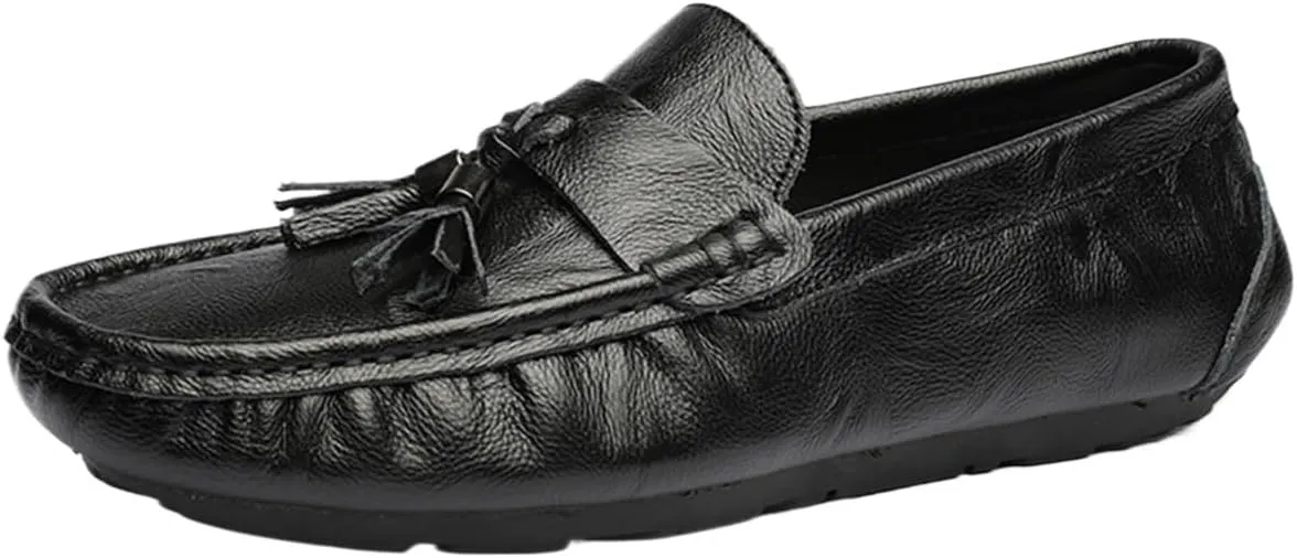 Men's Genuine Leather Loafers with Tassel, Round Toe, Flat Heel, Lightweight, Anti-Slip, Stitching Details Slip-Ons for Weddings